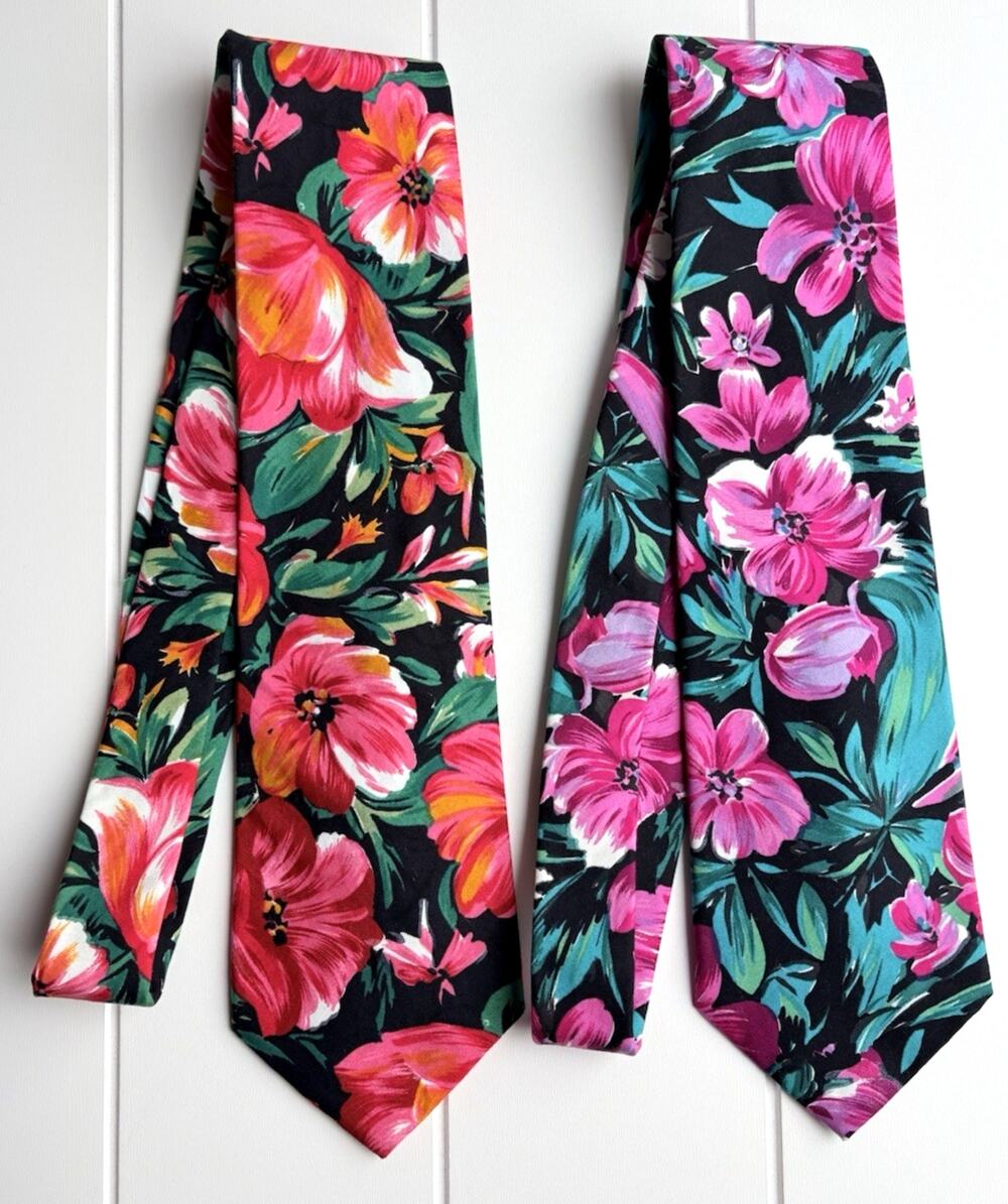 Vintage Rooster Tropical Floral Cotton Tie Lot of 2 USA 100% Cotton 54.5" x 4" W